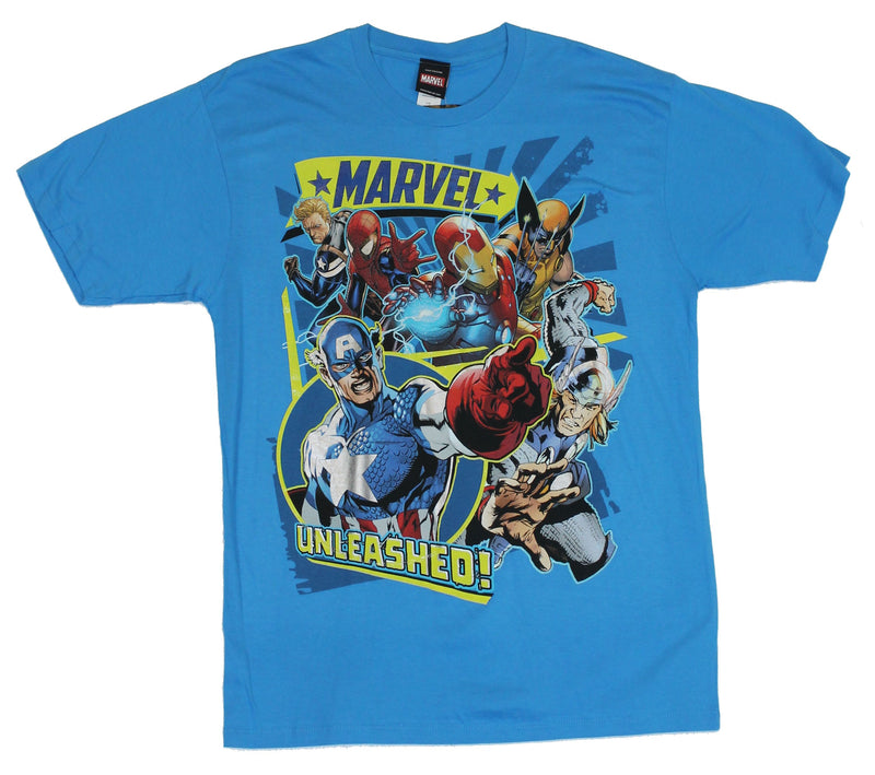 Marvel Comics Mens T-Shirt - "Unleashed" Cap Wolvy & More Sunburst Image