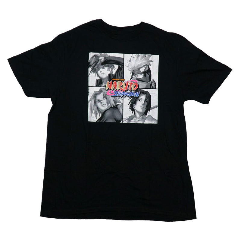 Naruto Shippuden  Mens T-Shirt - 4 Grayscale Images Colored Logo at Center