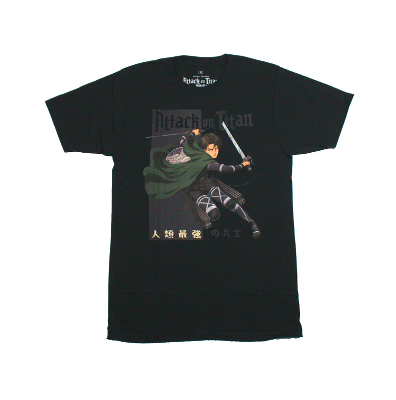Attack on Titan Mens T-Shirt -Attacking Levi Holding Weapons Kanji