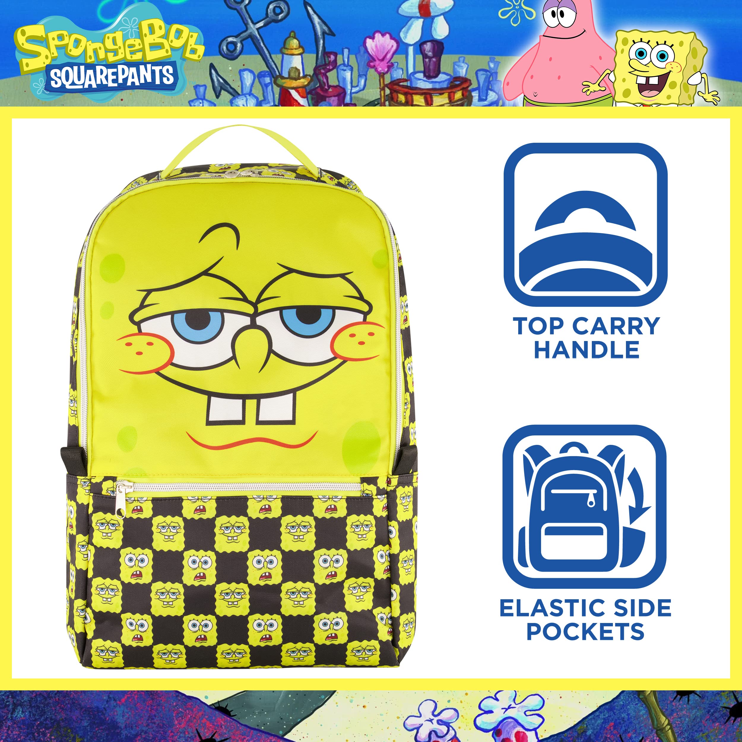 SpongeBob SquarePants 13 Inch Sleeve Laptop Backpack, Checkered Padded Computer Bag for Commute or Travel, Multi