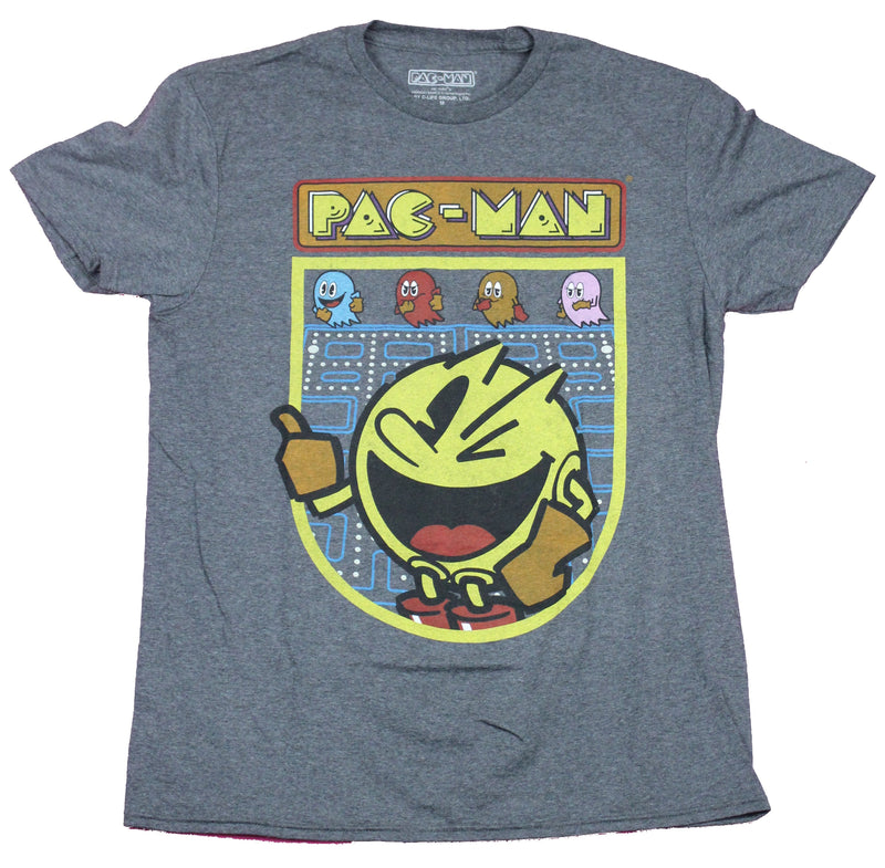 Pac-Man Mens T-Shirt  - Winking Pac-Man Over Game board Image