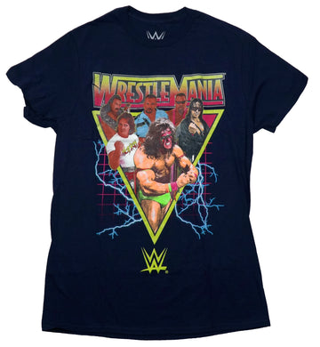 Wrestlemania Mens T-Shirt - Retro 80s Cast in Electrified Triangle