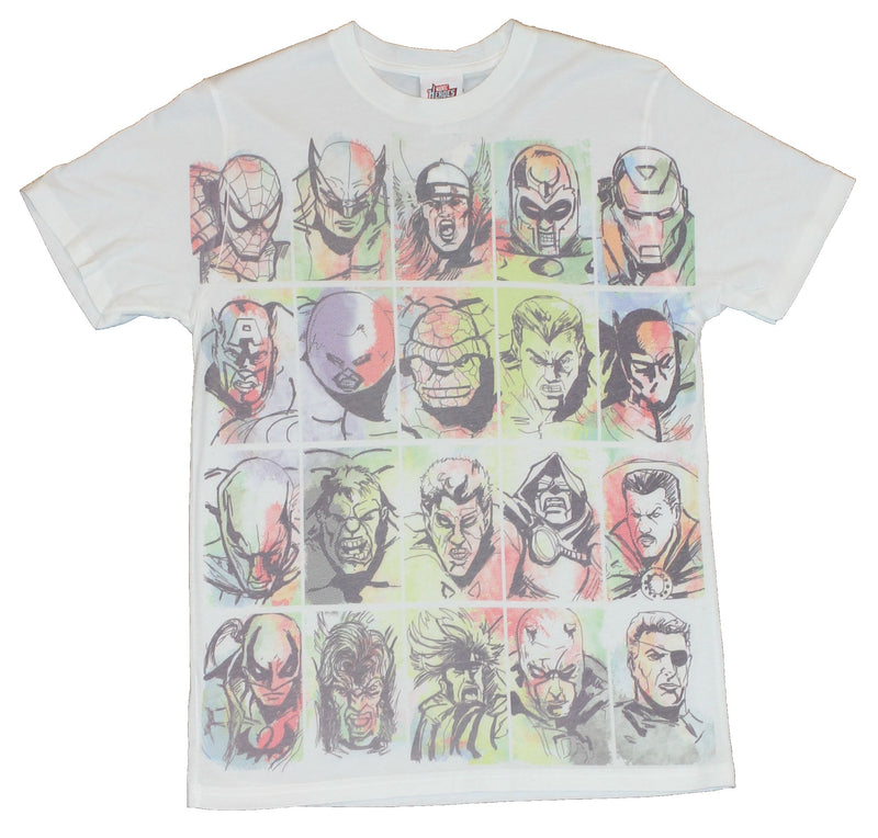 Marvel Comics Mens T-Shirt  - Major Character Watercolor Faces on White