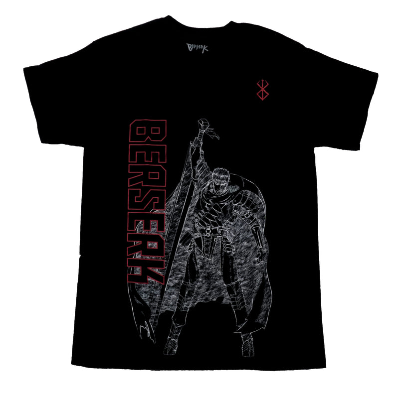 Berserk Mens T-Shirt - White Sketch Outline of Guts Along Name Lapel Logo