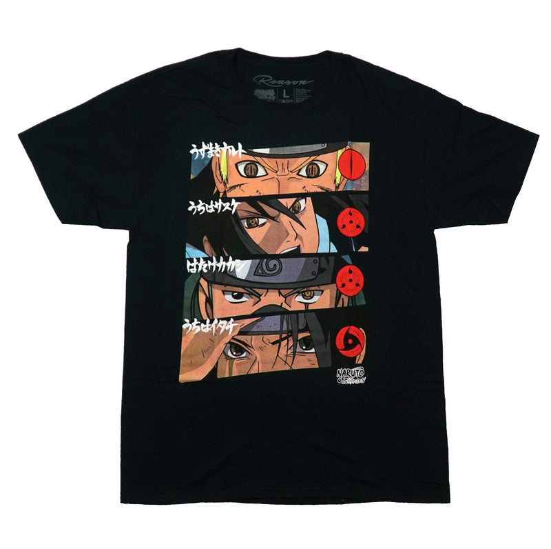 Naruto Shippuden Mens T-Shirt - Repeat Kanji Eye Images Along Red Icons