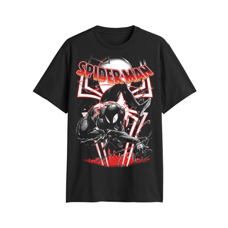 Spider-Man Mens T-Shirt - Amazing Black Suit Swing Over Logo Under Name - Inmyparentsbasement.com