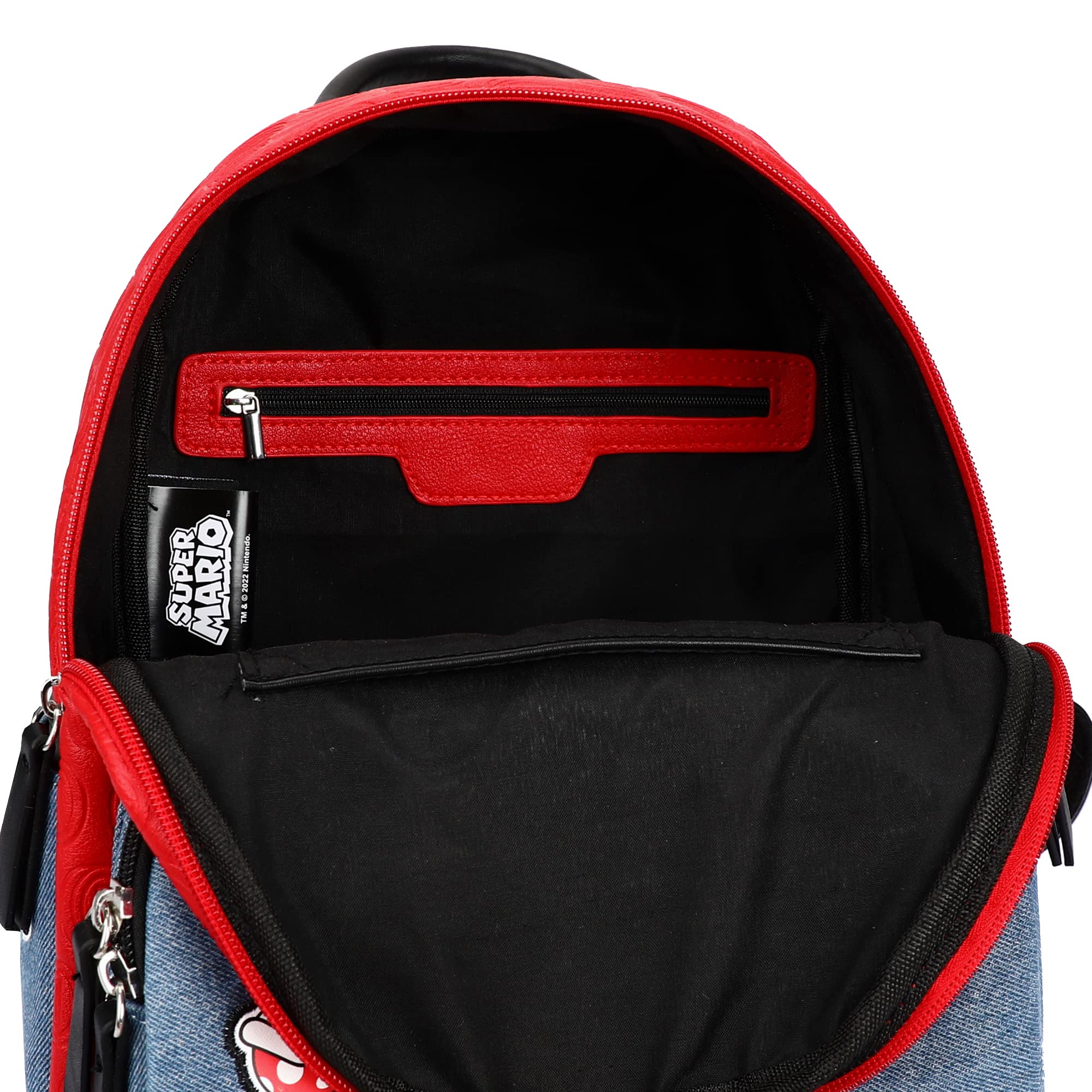 Super Mario Icon Patches red and Blue denim tone Embossed Mini Backpack