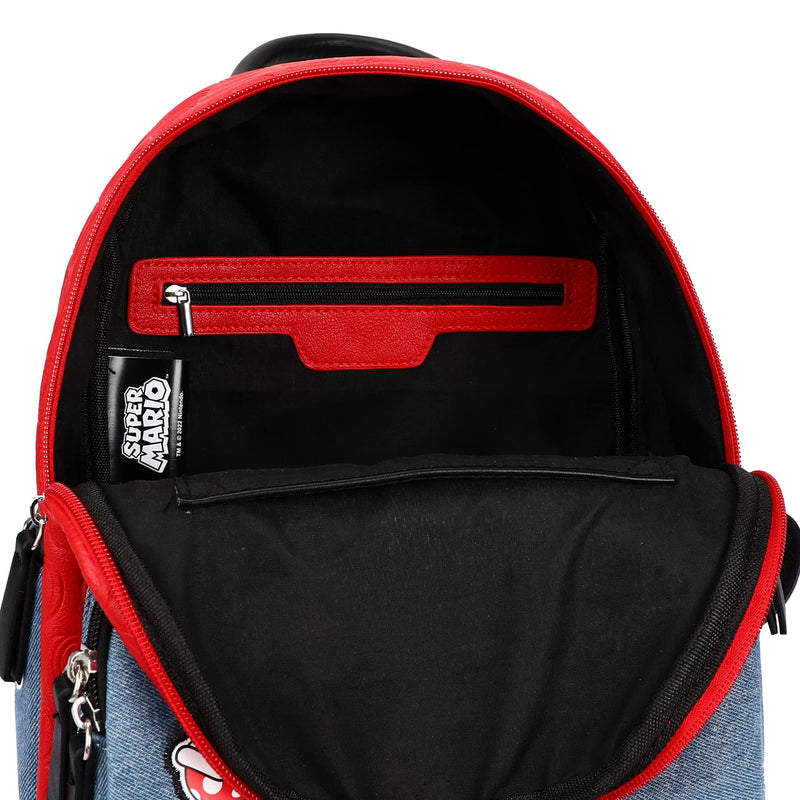 Super Mario Icon Patches red and Blue denim tone Embossed Mini Backpack