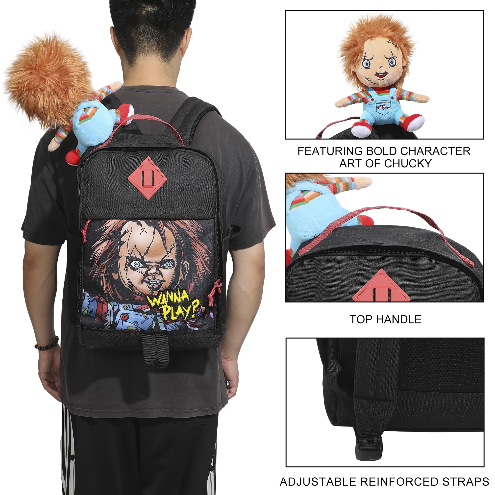 Chucky 17.5" Black adult Backpack With Plush Character Charm