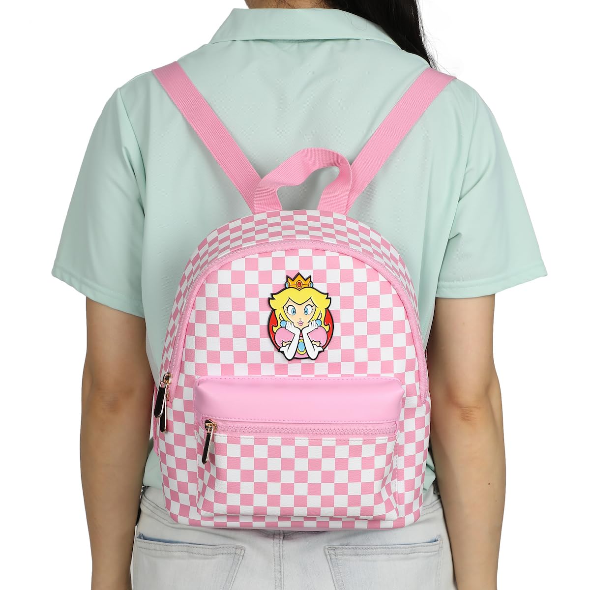 Super Mario Bros Princess Peach 10.6” Pink & White Checkered Mini Backpack