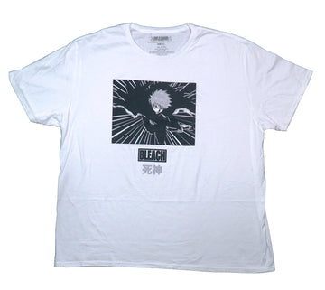 Bleach Mens T-Shirt - Swinging Sword In Gray and White Rays Above Name