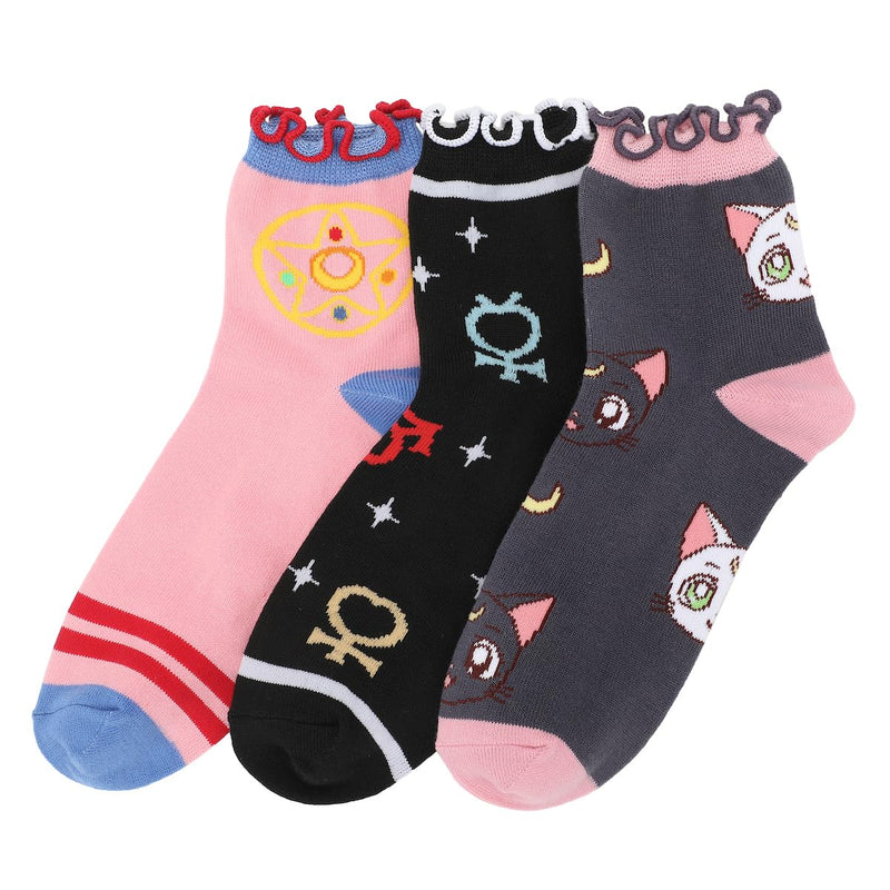 Bioworld Sailor Moon Cosmic Symbols & Cats Women's 3-Pair Lettuce Edge Casual Quarter Crew Socks