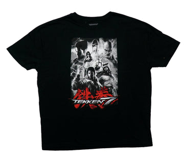 Tekken 7 Mens T-Shirt - Grayscale Group of Fighters Over Red Kanji