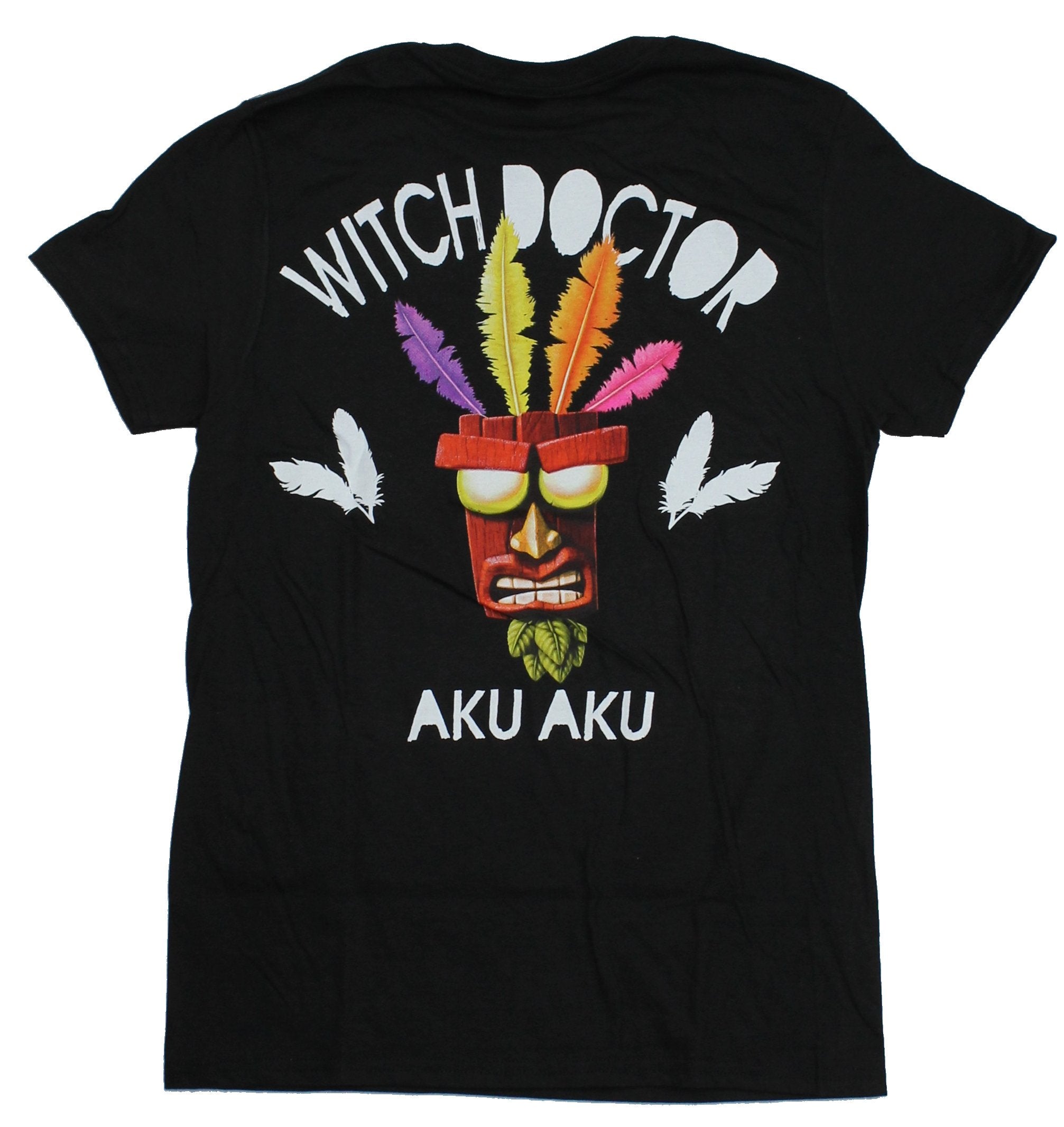 Crash Bandicoot Mens T-Shirt - Lapel Front Aku Aku Witch Doctor Back