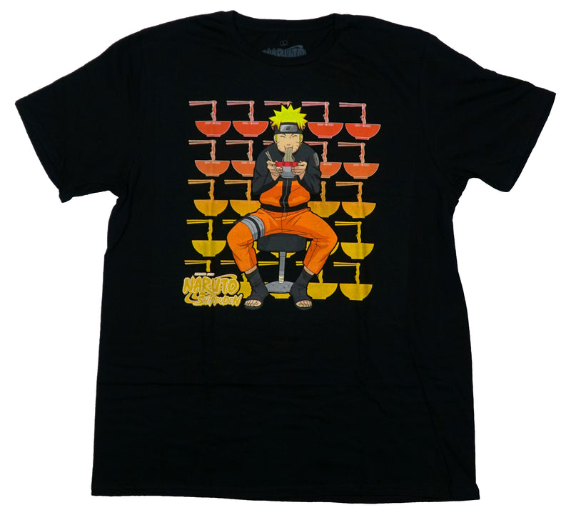 Naruto Shippuden Mens T-Shirt - Eating Ramen on Stool Repeat Ramen Bowls