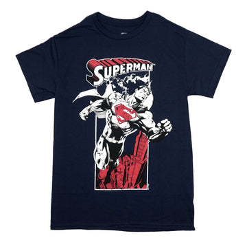 Superman Mens T-Shirt - Black & White Flying Over Red City