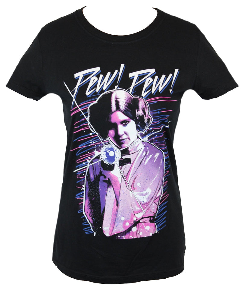 Star Wars Girls Juniors T-Shirt - "Pew Pew" Purple Pink Leia Shooting Image