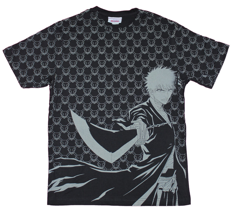 Bleach Mens T-Shirt  - Ichigo Attacking Side Print Skull Logo Allover