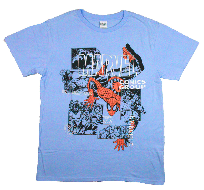 Marvel Comics Group Mens T-Shirt - Embroidered Font Comic Scenes