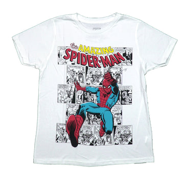 Spider-Man Mens T-Shirt -Flying Over B & W Comics Book Passages