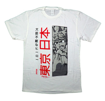 Ring of Fire Mens T-Shirt - Grayscale of Vampire Girl Along Red Kanji
