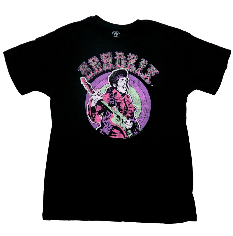 Jimi Hendrix Mens T-Shirt - Playing Guitar In Front Of Pastel Bullseye