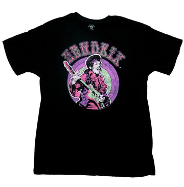 Jimi Hendrix Mens T-Shirt - Playing Guitar In Front Of Pastel Bullseye