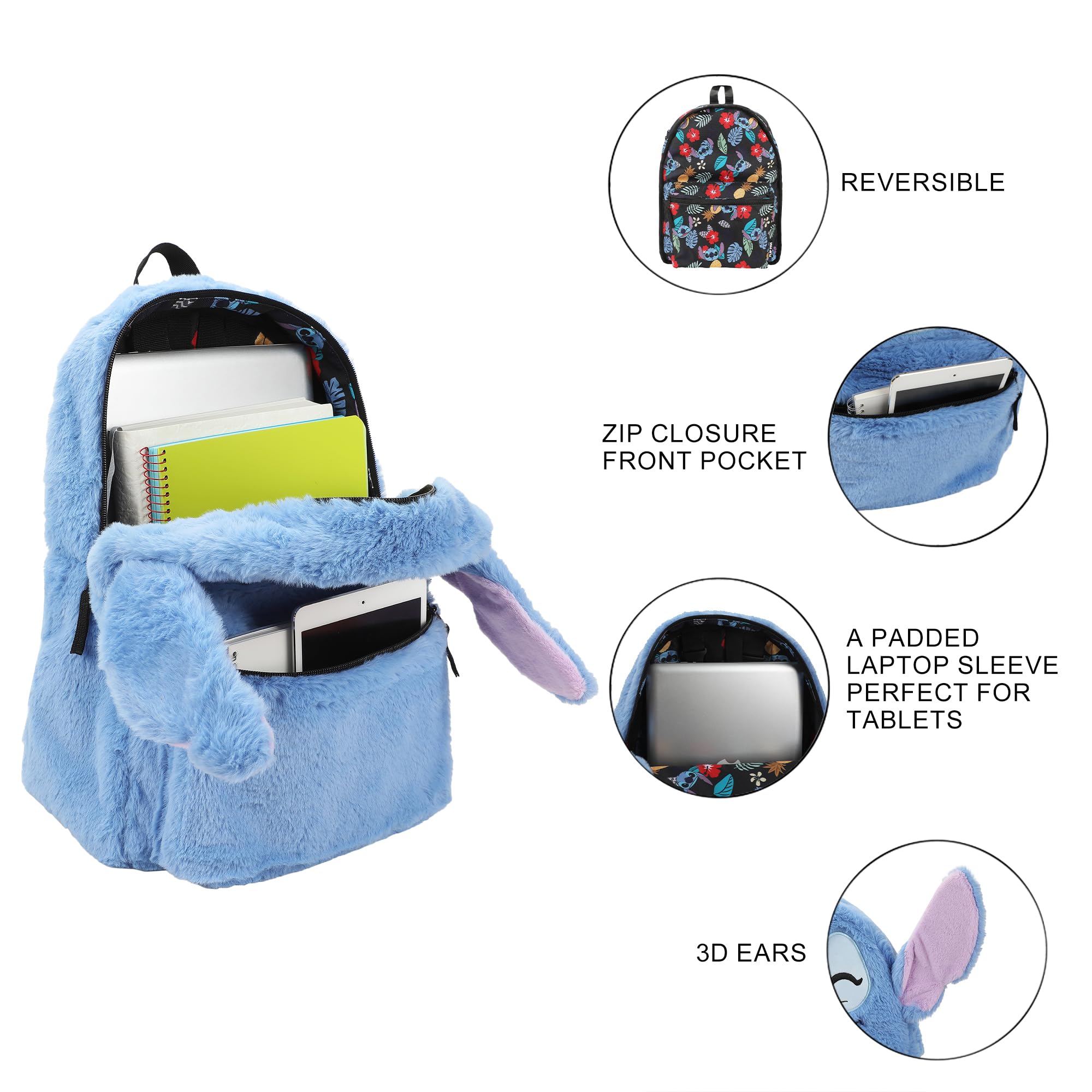 Bioworld Unisex Kids Disney Stitch Plush Character & Tropical Print 16.5" Flip Pak Reversible Backpack (Little Kid/Big Kid) Aop One-Size