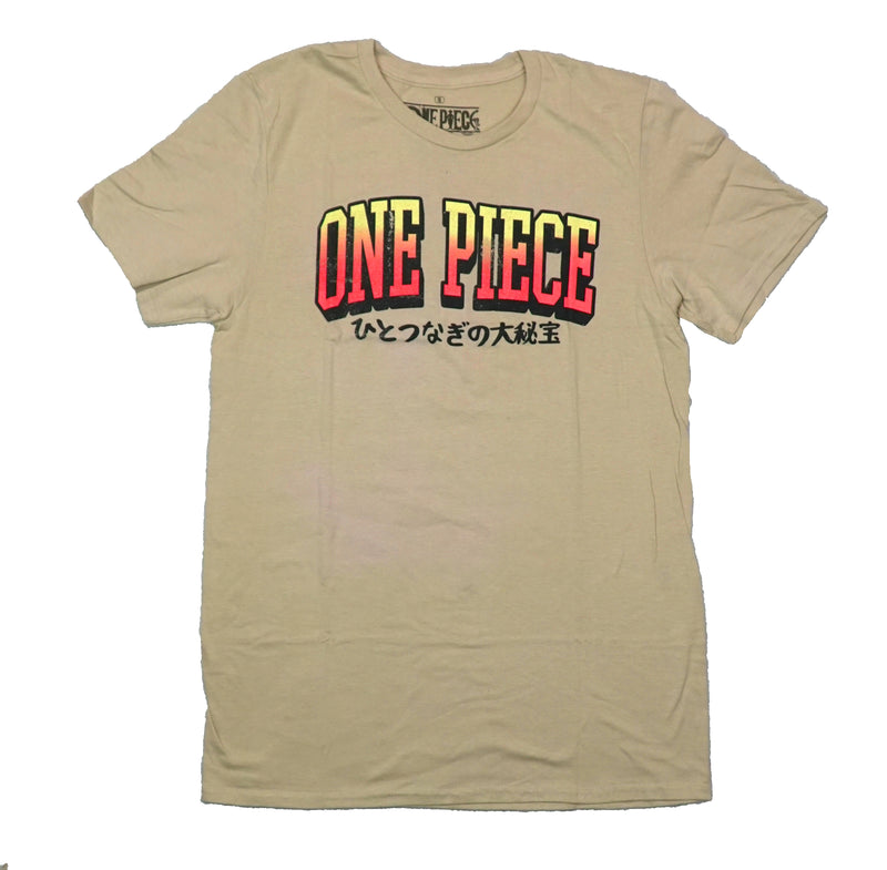 One Piece Mens T-Shirt - Kanji Logo Front Luffy Sitting Peace Sign Back