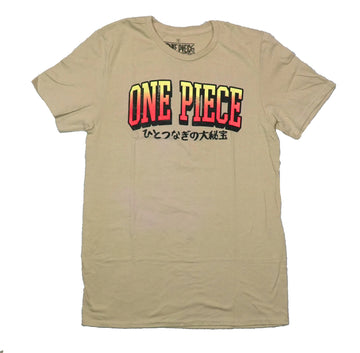 One Piece Mens T-Shirt - Kanji Logo Front Luffy Sitting Peace Sign Back