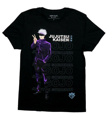Jujutsu Kaisen Mens T-Shirt - Peace Sign Posing Gojo Repeat Sorcerer Backgr