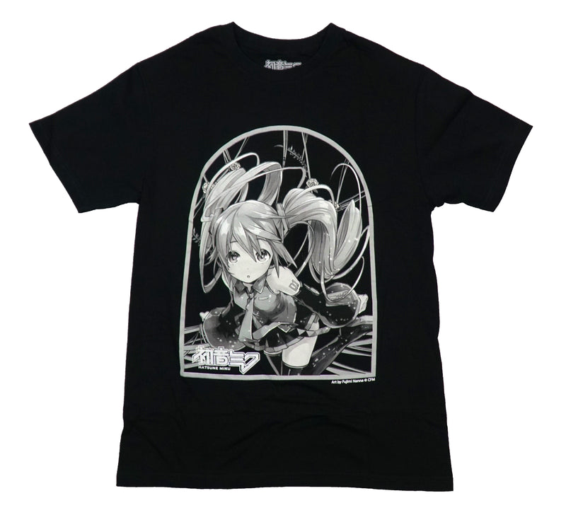 Hatsune Miku  Mens T-Shirt - Grayscale Image of Hatsune Above White Kanji