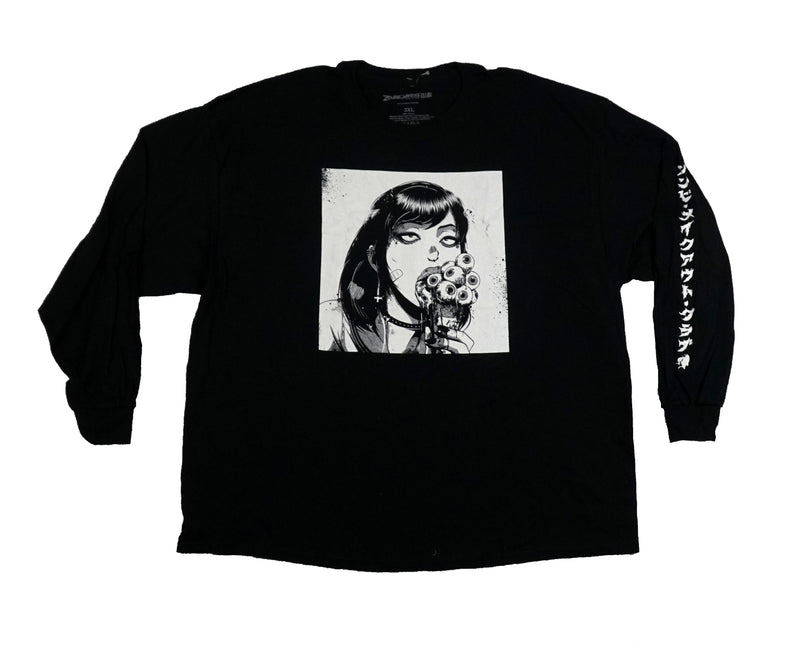 Zombie Makeout Club Mens Long Sleeve T-Shirt - Girl Eating Eyeball Cone Kanji