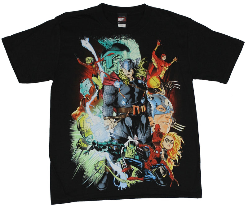 Marvel Comics Mens T-Shirt - Large Thor in Shadow Surrounded by Comic Action