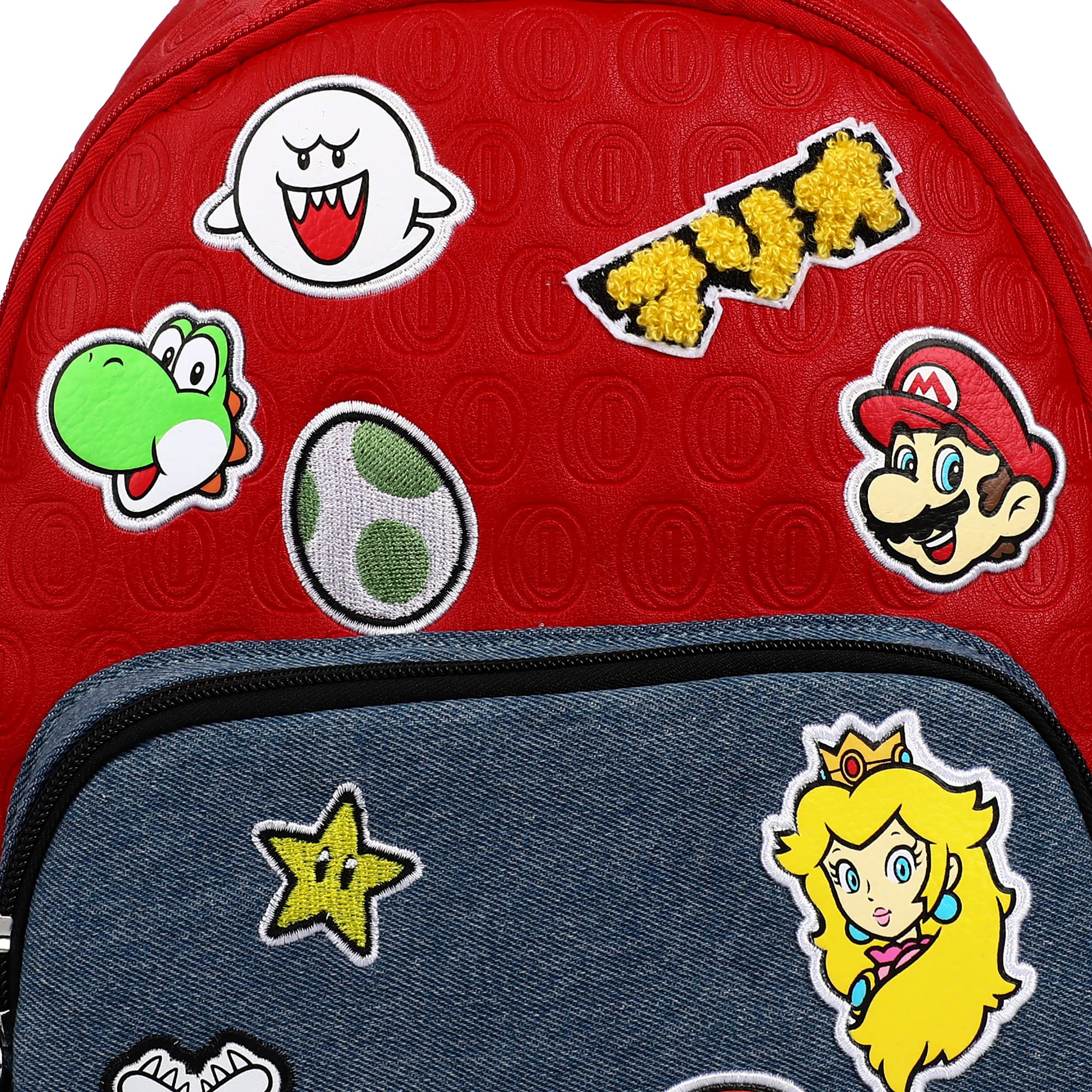 Super Mario Icon Patches red and Blue denim tone Embossed Mini Backpack