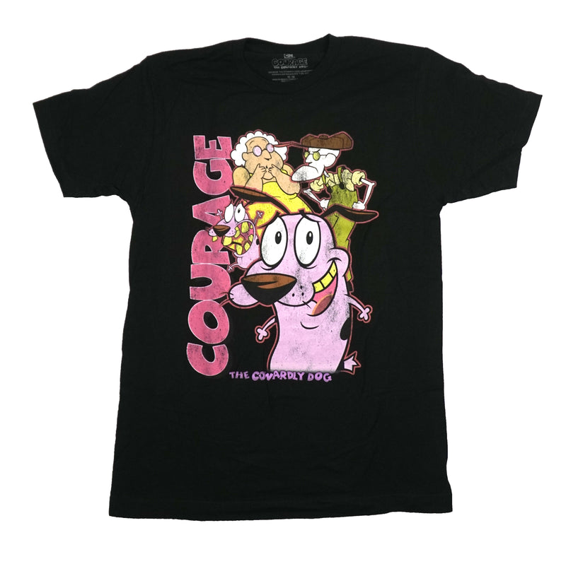 Courage the Cowardly Dog Mens T-Shirt - Distressed Cast Along Pink Logo