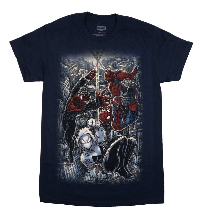 Spider-Man Mens T-Shirt - Marvel Gwen & Spider-Man Swinging Over City