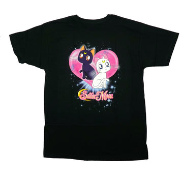 Sailor Moon  Mens T-Shirt - Luna and Artemis in front of Pink Heart