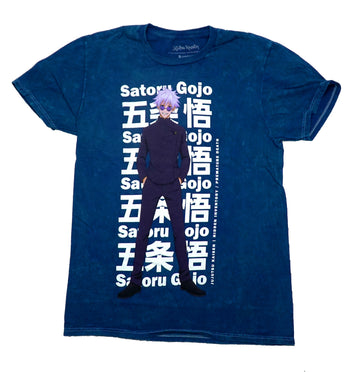 Jujutsu Kaisen Mens T-Shirt -Satoru Gojo Standing on Name Drop Kanji