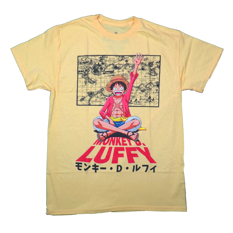 One Piece Mens T-Shirt - Luffy Sitting Crossed Hand Up In Front of Map - Inmyparentsbasement.com