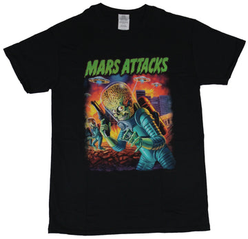 Mars Attacks Movie Mens T-Shirt  - Attacking Alien with a Saucer Filled Sky (Small)