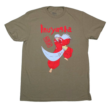 Inuyasha Mens T-Shirt - Solo Sword Fighting Pose Under Red Painted Name