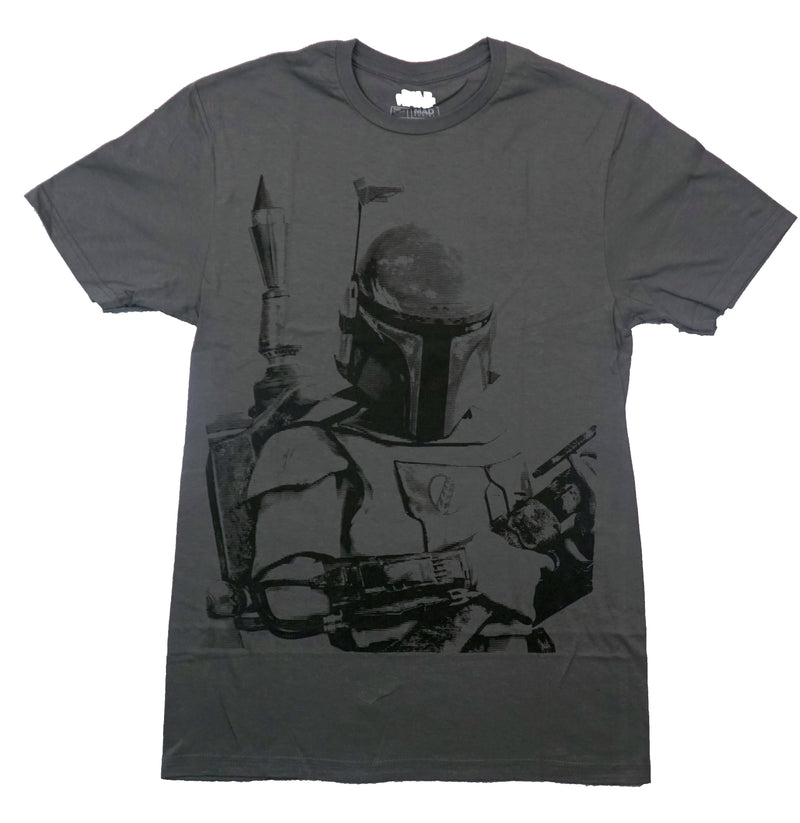 Star Wars Mens T-Shirt - Close Up Boba Fett on Gray - Inmyparentsbasement.com