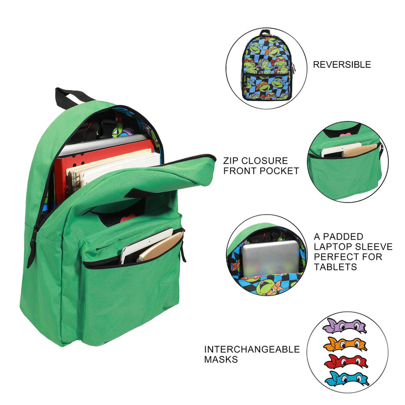 Bioworld Unisex KidsTeenage Mutant Ninja Turtles Interchangeable Characters 16.5" Reversible Backpack (Little Kid/Big Kid) Aop One-Size