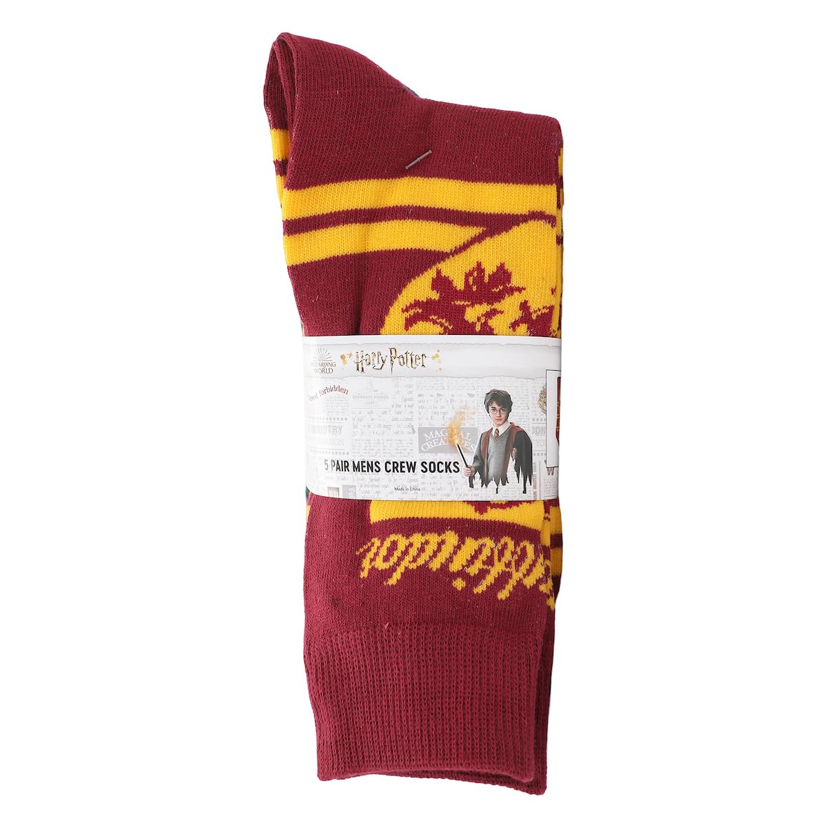 Bioworld Harry Potter Hogwarts House Crests on Varsity Stripes Men's Casual Crew Socks (5 Pairs)