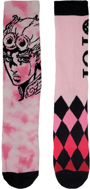 Ripple Junction JoJo's Bizarre Adventure Adult Crew Socks 2 Pack Giorno Pink Tie Dye and Argyle Officially Licensed