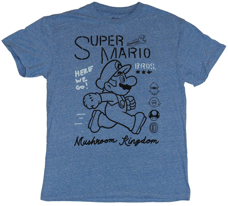 Super Mario Brothers Mens T-Shirt - Outlined Mario Over Mushroom Kingdom