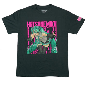 Hatsune Miku Mens T-Shirt -Talking Into Headset Repeat Pink Name Kanji Sleeve
