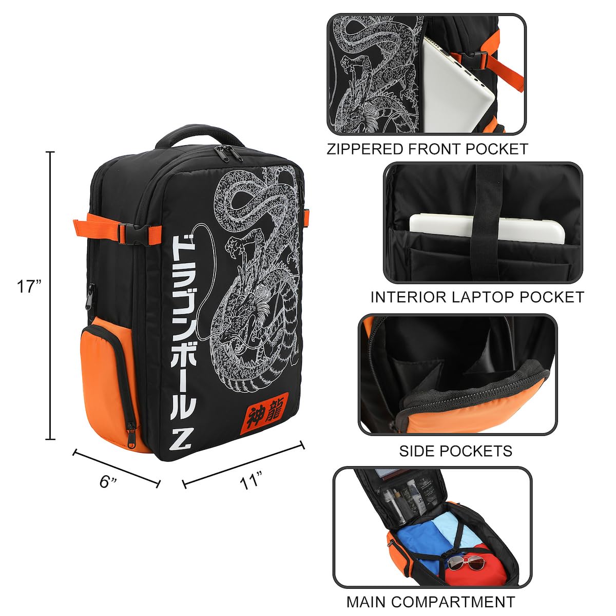 Bioworld Dragon Ball Z Shenron Line Art Black 17" Large Travel Backpack