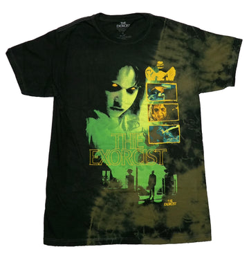 The Exorcist Mens T-Shirt -Priest Standing Below 3 Panels of Regan
